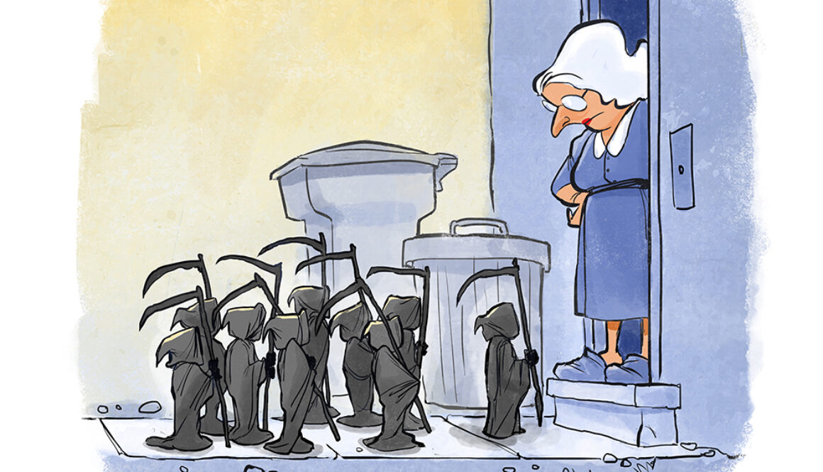 String Theory Cartoons — Singularity No. 1 — Grim reapers standing at a woman’s door saying they are here for her cat in a dark humor cartoon.
