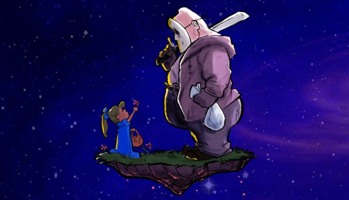 A child and a friendly monster float together on a tiny meteorite in space, representing the surreal and imaginative world of String Theory Cartoons.