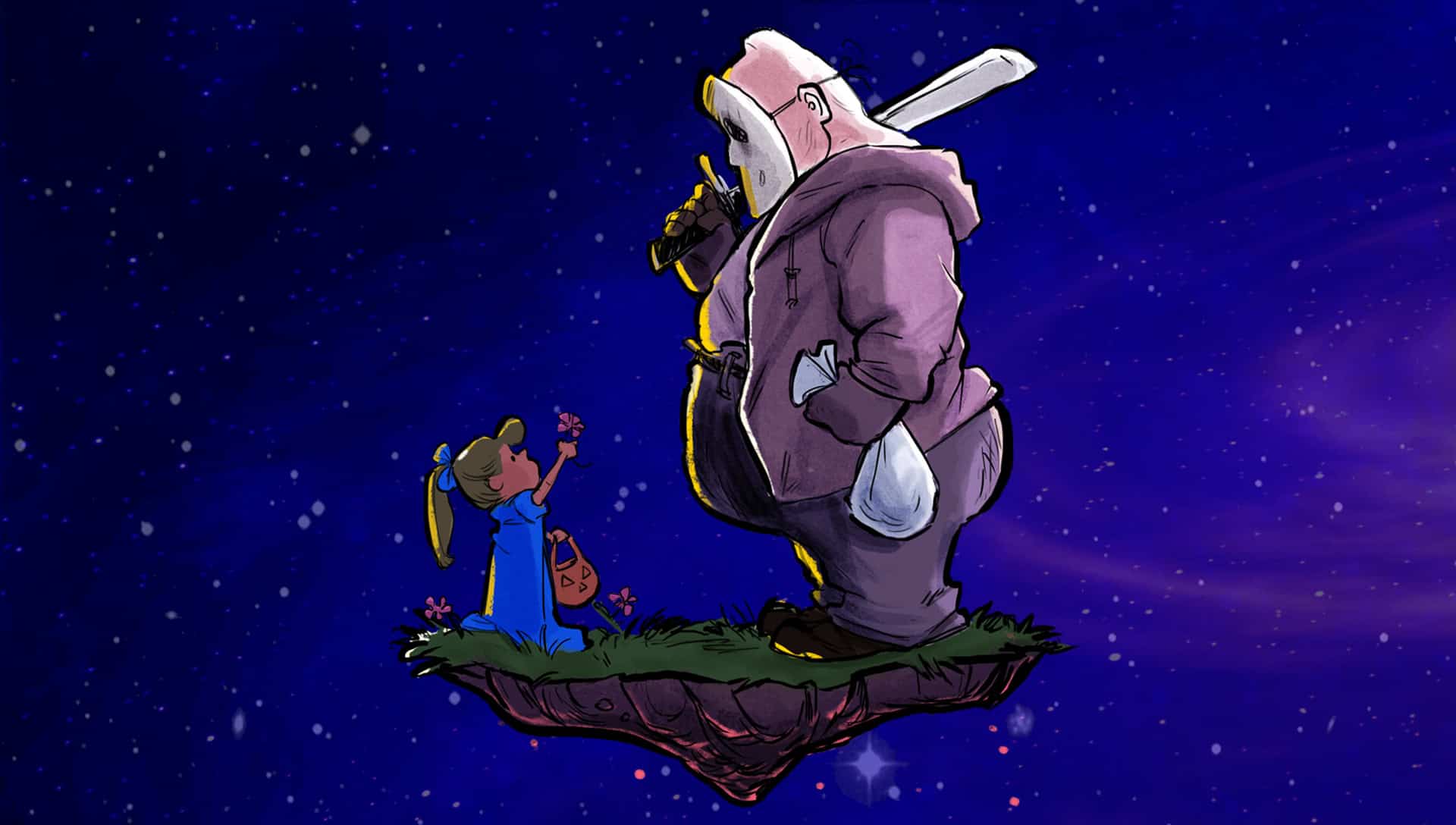 A child and a friendly monster float together on a tiny meteorite in space, representing the surreal and imaginative world of String Theory Cartoons.