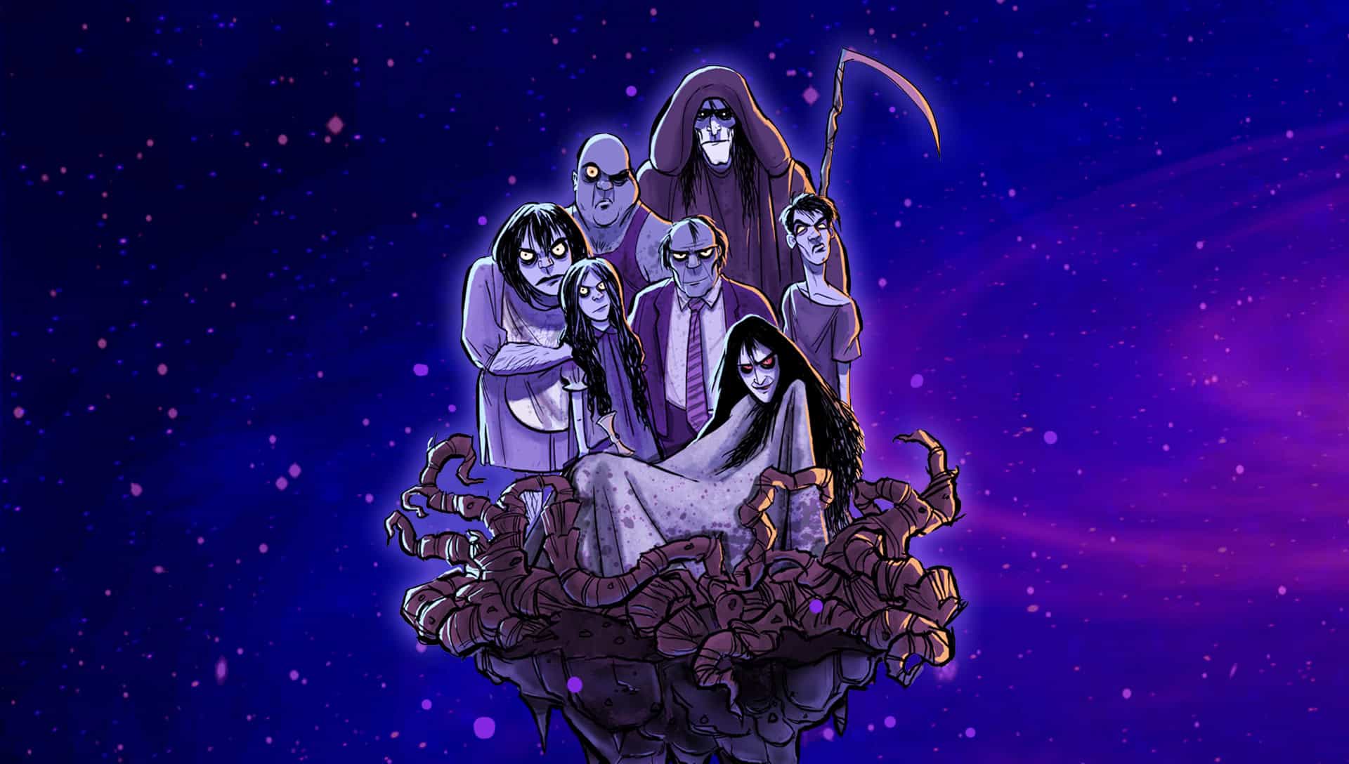 Dark Matter hero illustration featuring mysterious monsters floating through deep space, introducing the Dark Matter collection from String Theory Cartoons.
