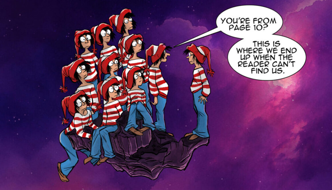 Cartoon illustration of multiple versions of the Wanderers gathered on a floating meteorite, representing the multiverse and parallel universes.