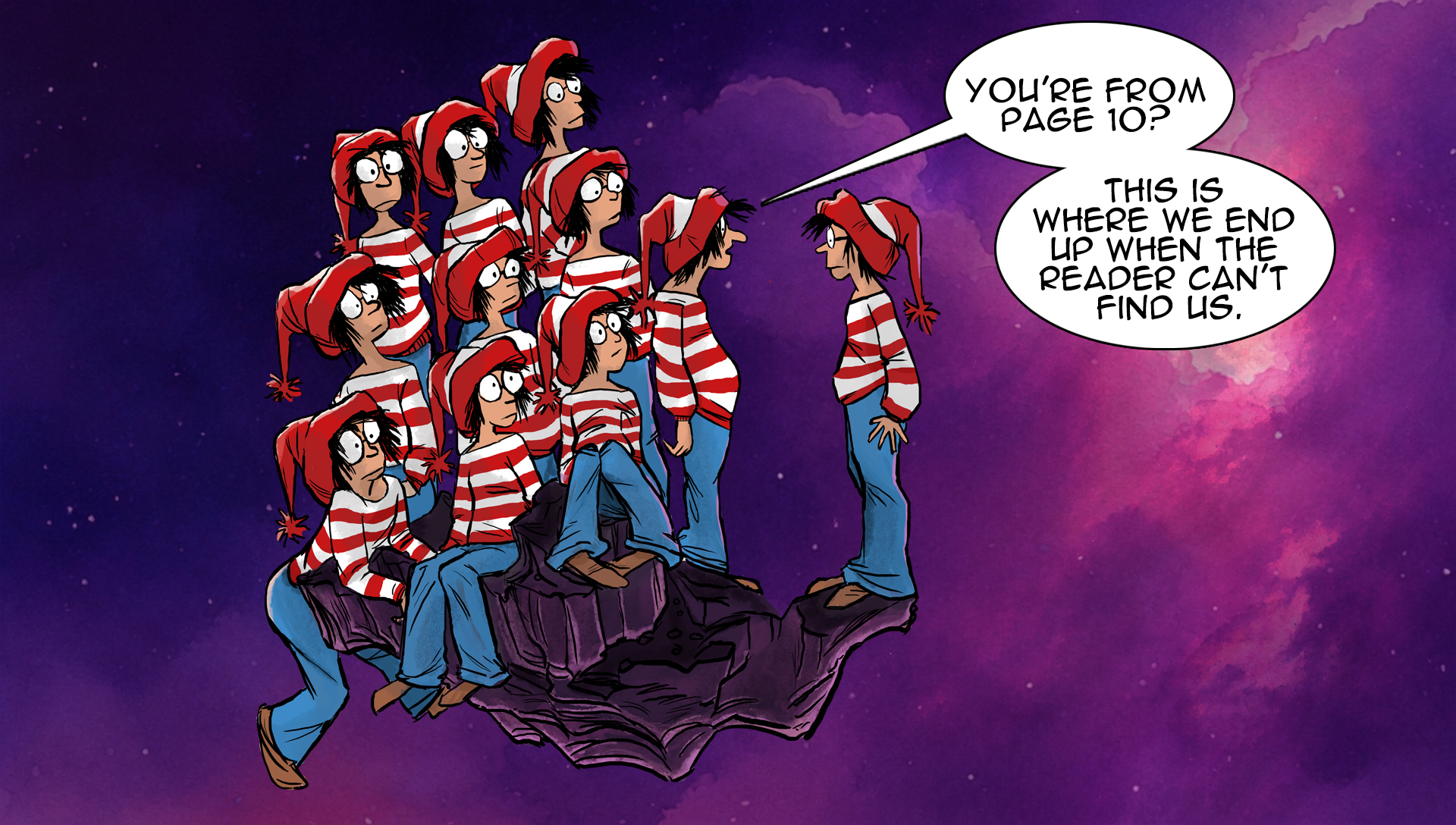 Cartoon illustration of multiple versions of the Wanderers gathered on a floating meteorite, representing the multiverse and parallel universes.