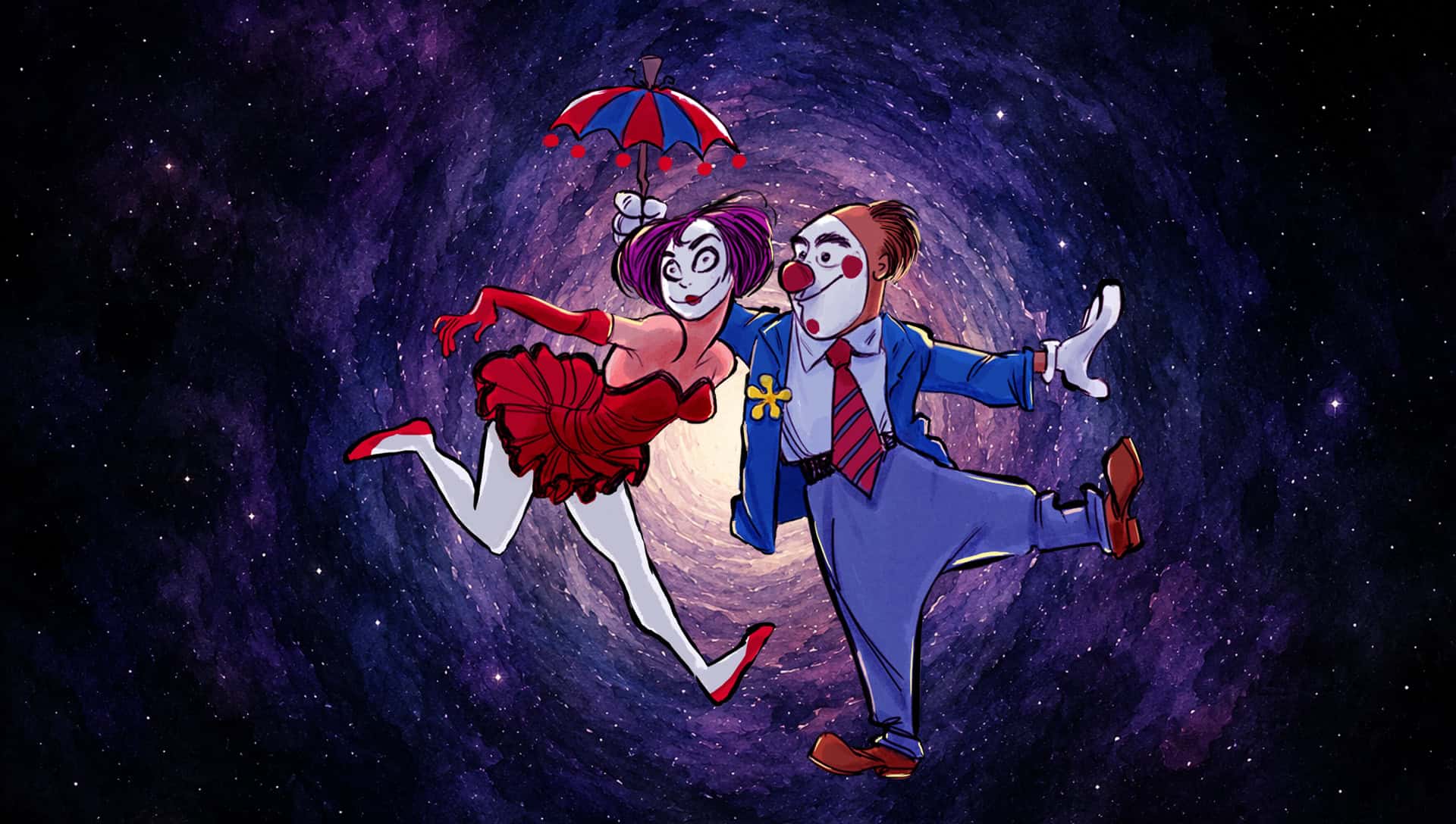 Two silhouetted dancers drift through a glowing cosmic wormhole surrounded by swirling light and colorful energy.