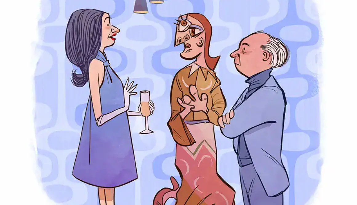 Cartoon of a woman at a mid-century cocktail party greeting Picasso's wife, who is drawn as a Cubist portrait, while Picasso stands beside her with his arms crossed.